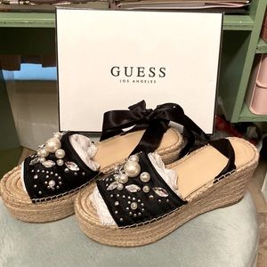 Guess-Black embellished(faux pearls and rhinestones)platform espadrille sandals.